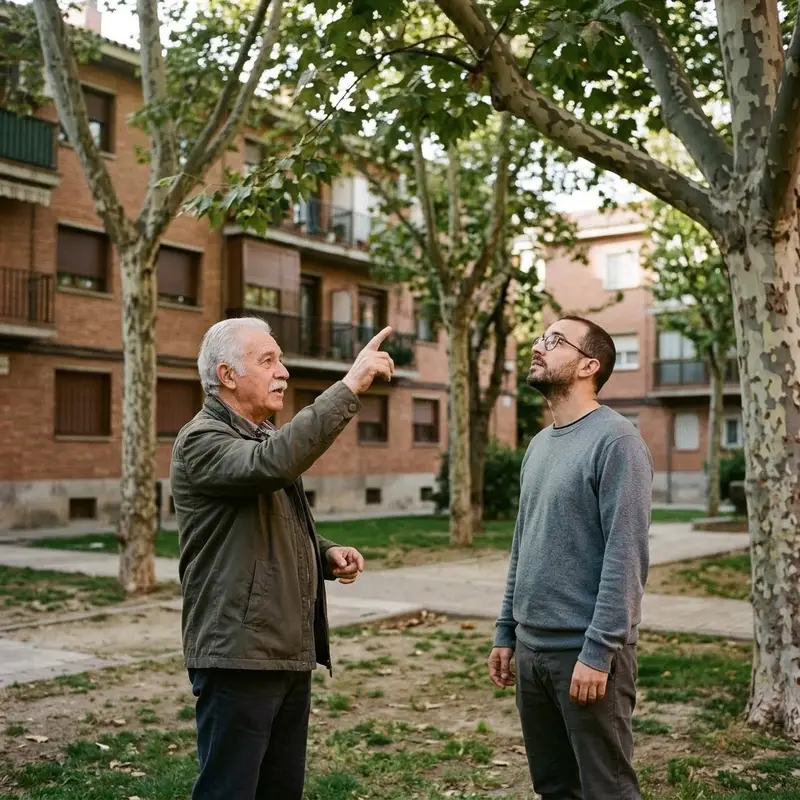 Dos vecinos de distintas edades hablando en el jardín de una urbanización junto a unos plátanos de sombra grandes