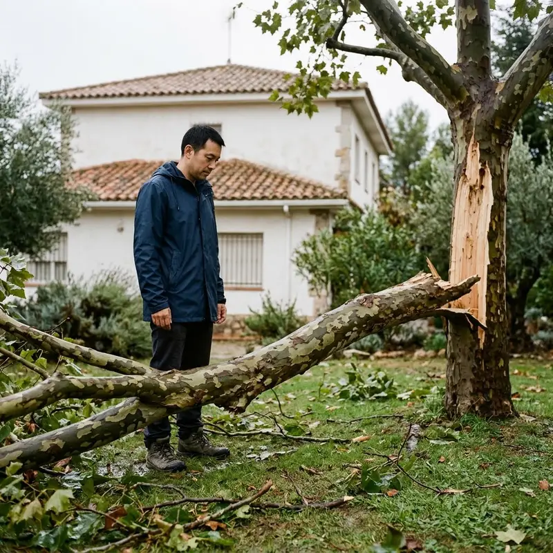 Hombre de unos cuarenta años mirando una rama grande partida caída sobre el césped de su jardín después de una tormenta