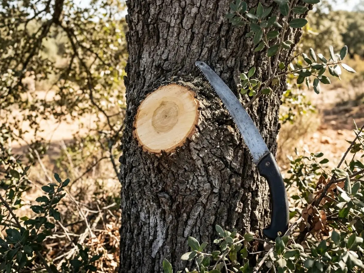 Detalle de un corte limpio de poda junto al cuello de una rama en el tronco de una encina, con un serrucho de poda apoyado al lado