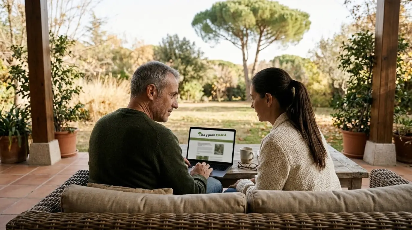 Pareja de unos cincuenta años sentada en el porche de su chalé mirando en el portátil la web de Tala y poda Madrid, con un pino grande en el jardín
