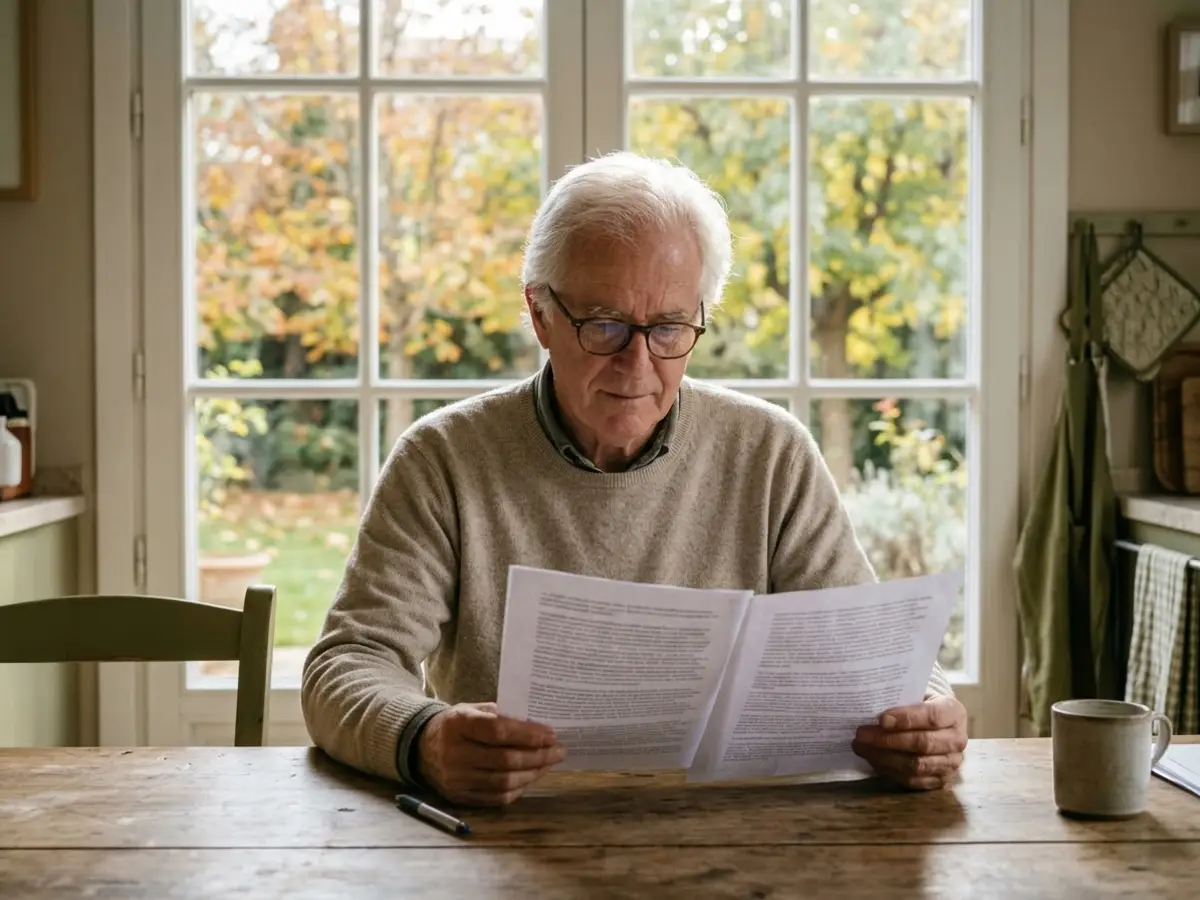 Hombre de unos sesenta y cinco años con gafas leyendo un presupuesto en la mesa de la cocina, con una ventana que da a un jardín con árboles