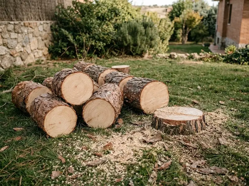 Tronco de un pino recién talado cortado en rodajas sobre el césped de un jardín, con el tocón al lado