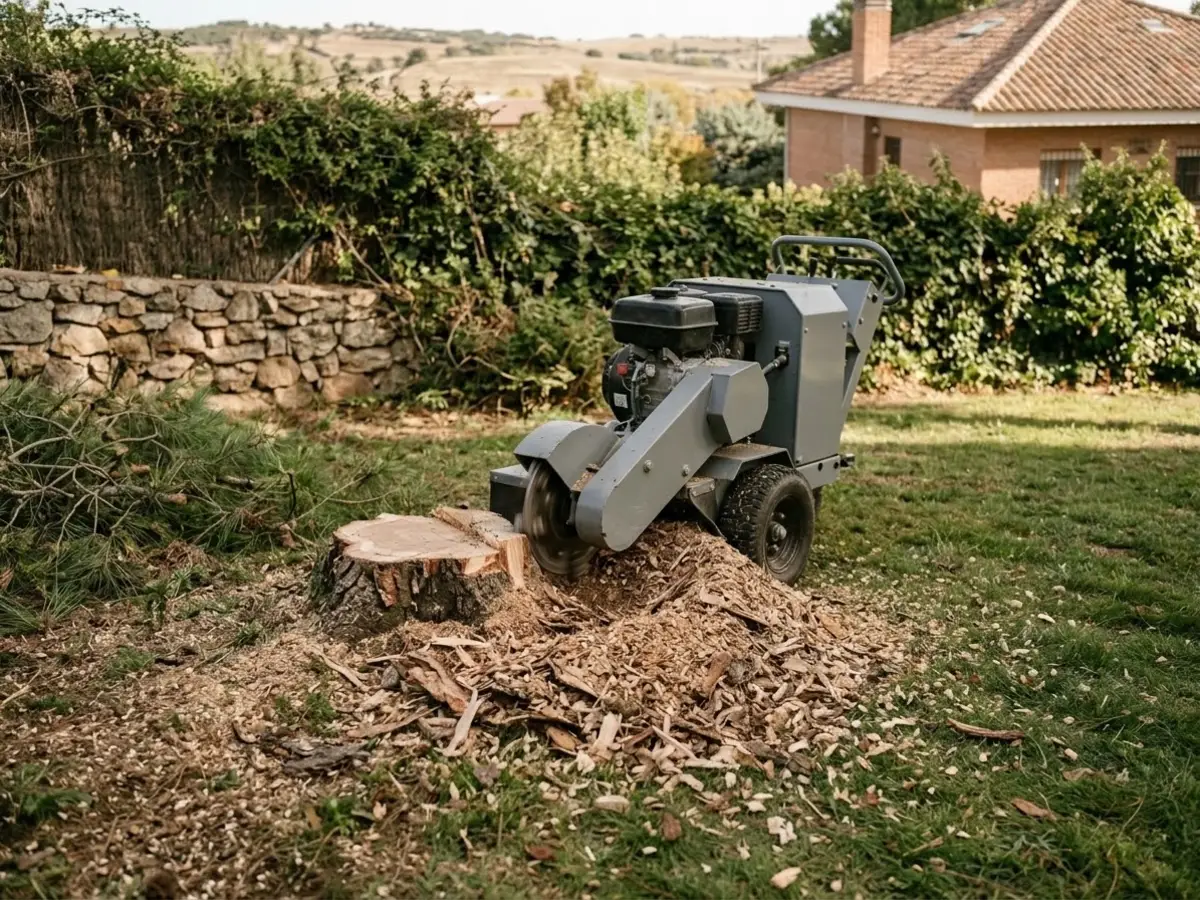 Máquina destoconadora triturando el tocón de un árbol talado en el césped de un jardín, con astillas alrededor