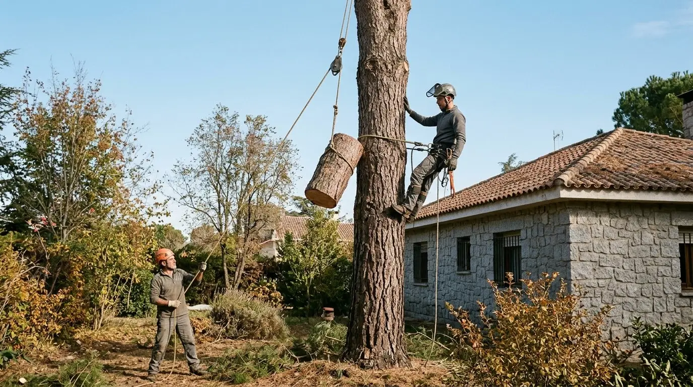 Podador con casco y arnés atado al tronco de un pino alto bajando un trozo con una cuerda junto al tejado de un chalé de piedra, con un compañero sujetando la cuerda desde el suelo