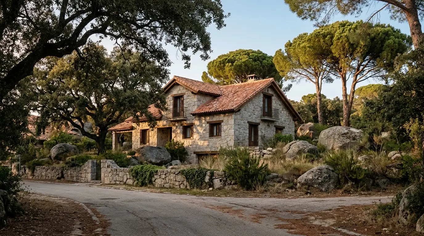 Chalé de piedra y teja entre encinas y pinos grandes en una urbanización de la sierra de Madrid, con rocas de granito en el jardín, a media tarde